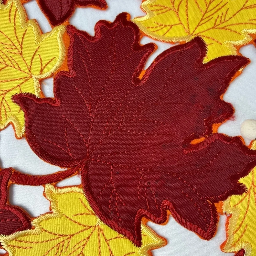 Trio of Placements/Chargers (3) Round Leaf Orange Burgundy Yellow Green Fabric
